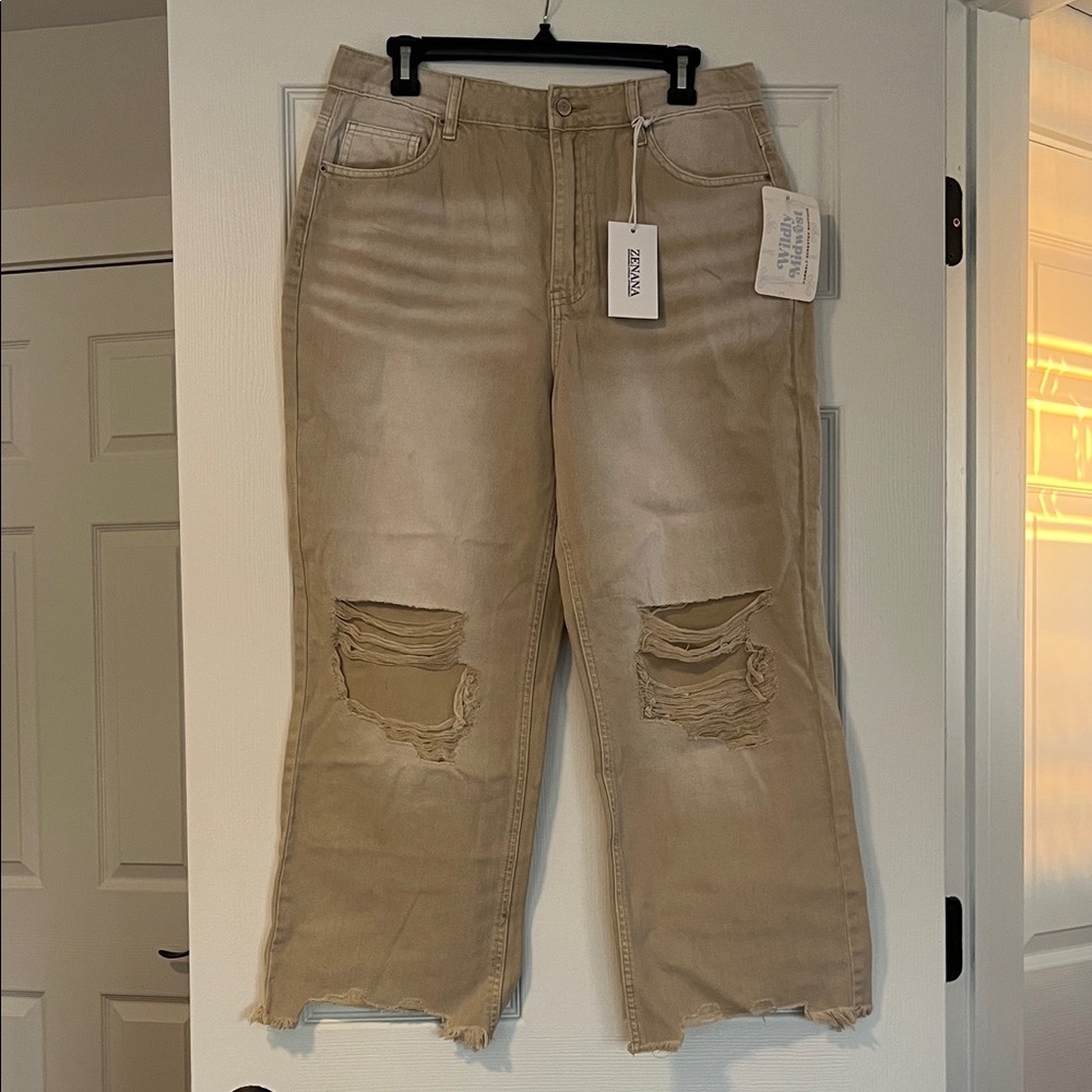 Zara Beige Distressed Cropped Jeans